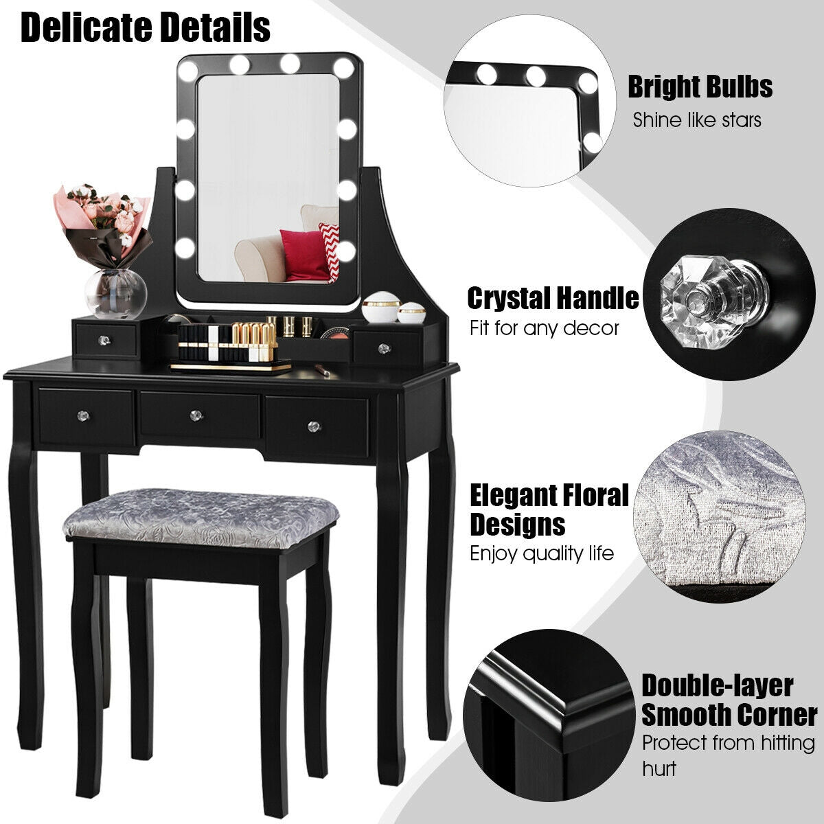 Vanity Dressing Table Set with 10 Dimmable Bulbs and Cushioned Stool, Black Makeup Vanities at Gallery Canada