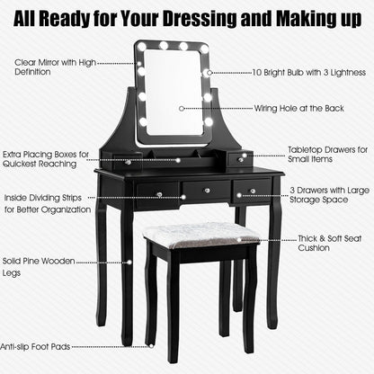 Vanity Dressing Table Set with 10 Dimmable Bulbs and Cushioned Stool, Black Makeup Vanities at Gallery Canada
