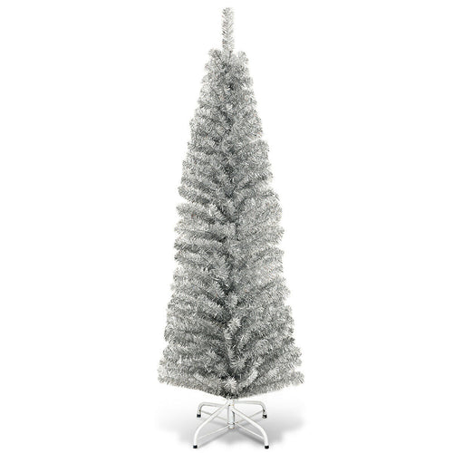 6 Feet Slim Pencil Christmas Tree, 520 Tips, Metal Stand, Silver