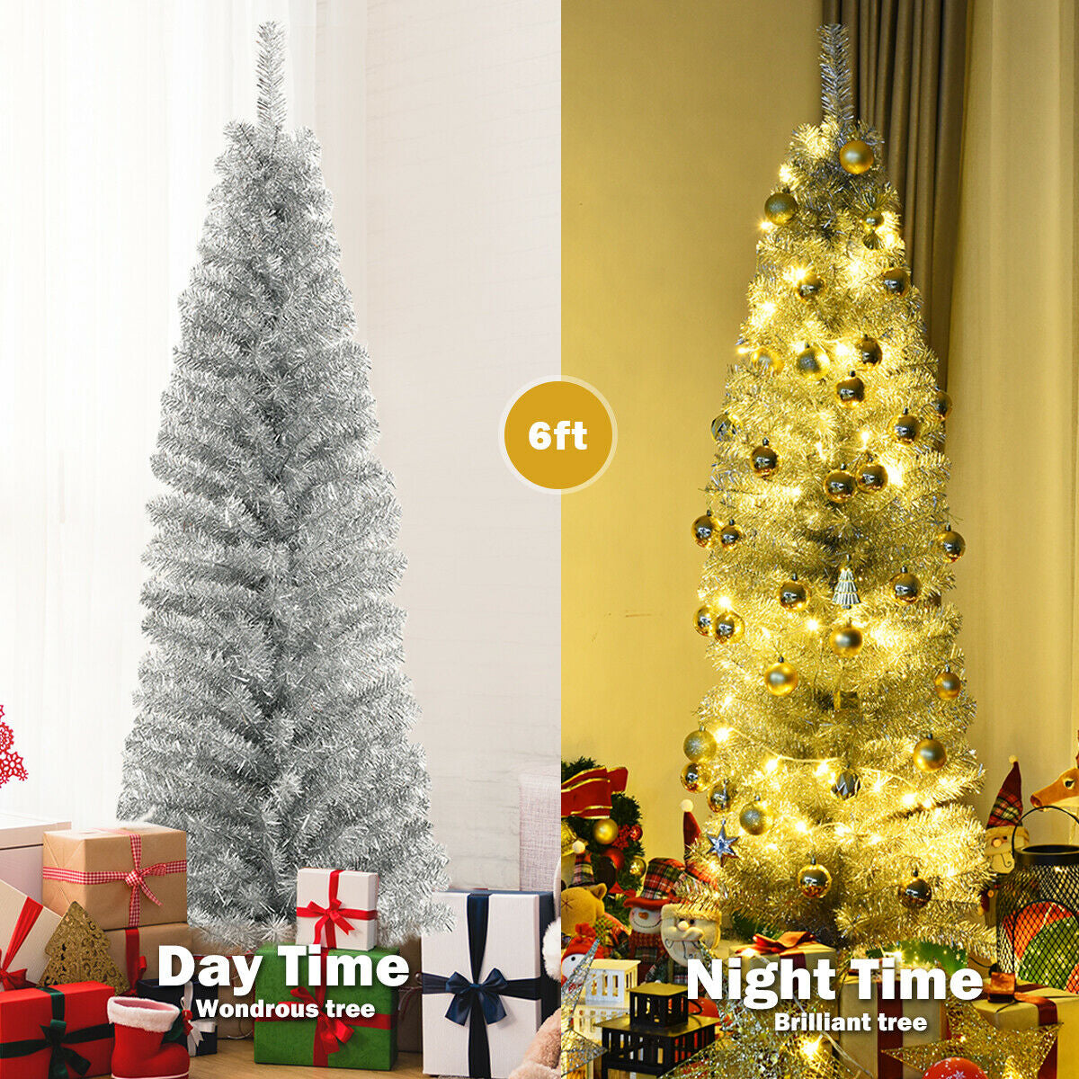 6 Feet Slim Pencil Christmas Tree, 520 Tips, Metal Stand, Silver Christmas Tree at Gallery Canada