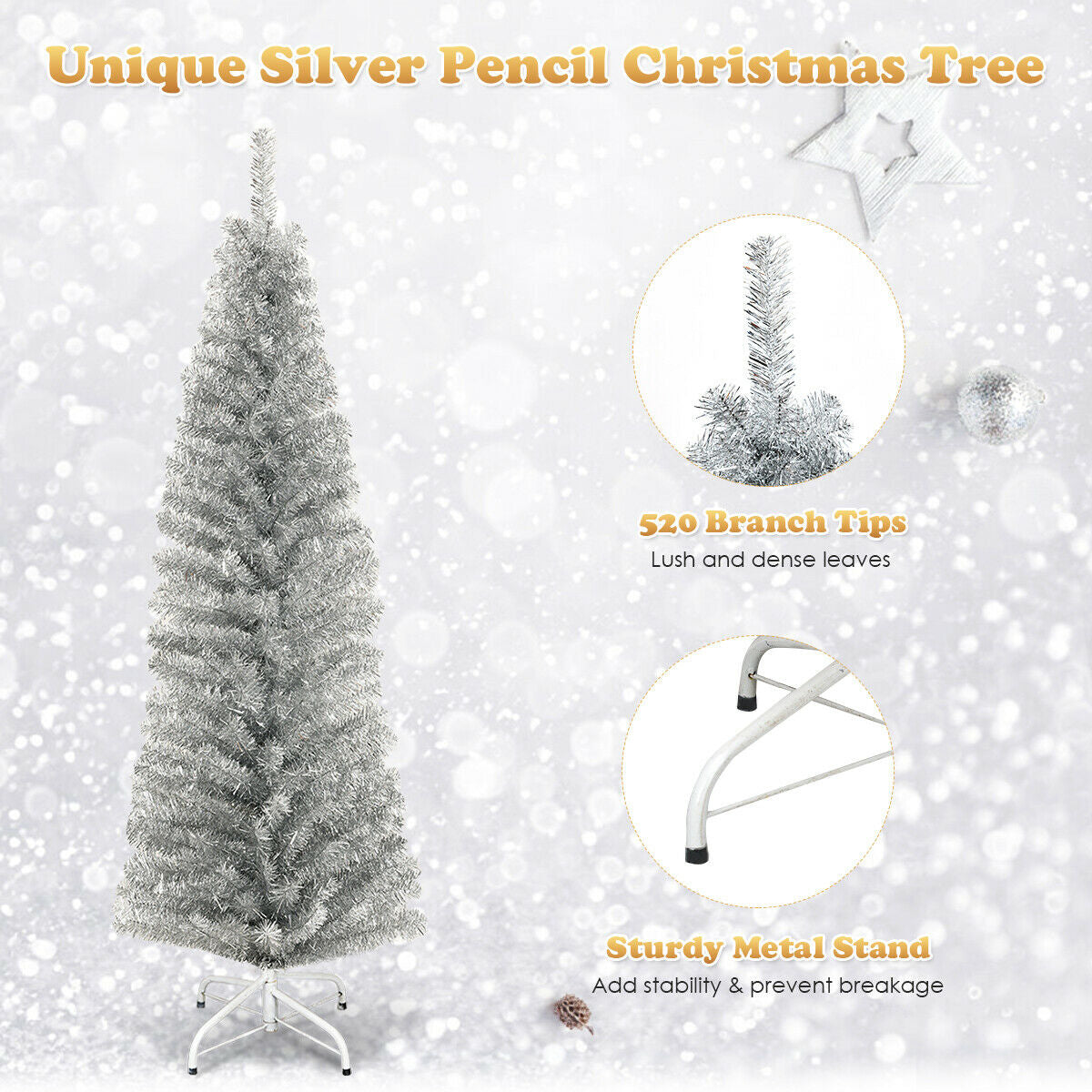 6 Feet Slim Pencil Christmas Tree, 520 Tips, Metal Stand, Silver Christmas Tree at Gallery Canada