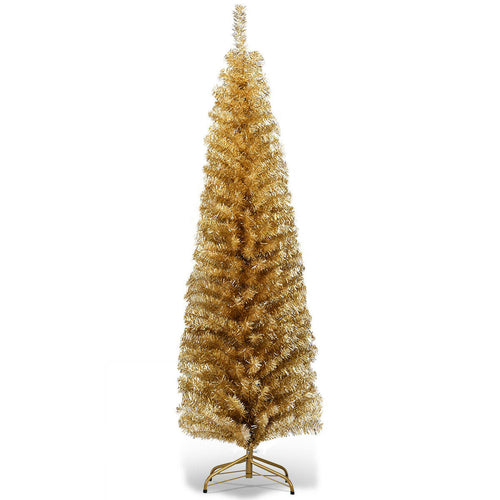 6 Feet Tinsel Tree Unlit Slim Pencil Christmas Tree-Champagne, Gold