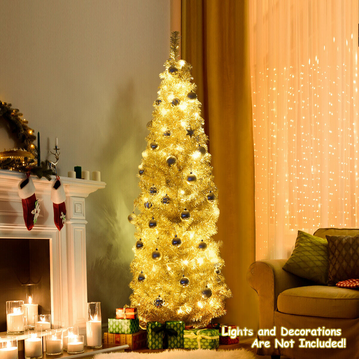 6 Feet Tinsel Tree Unlit Slim Pencil Christmas Tree-Champagne, Gold Christmas Tree at Gallery Canada