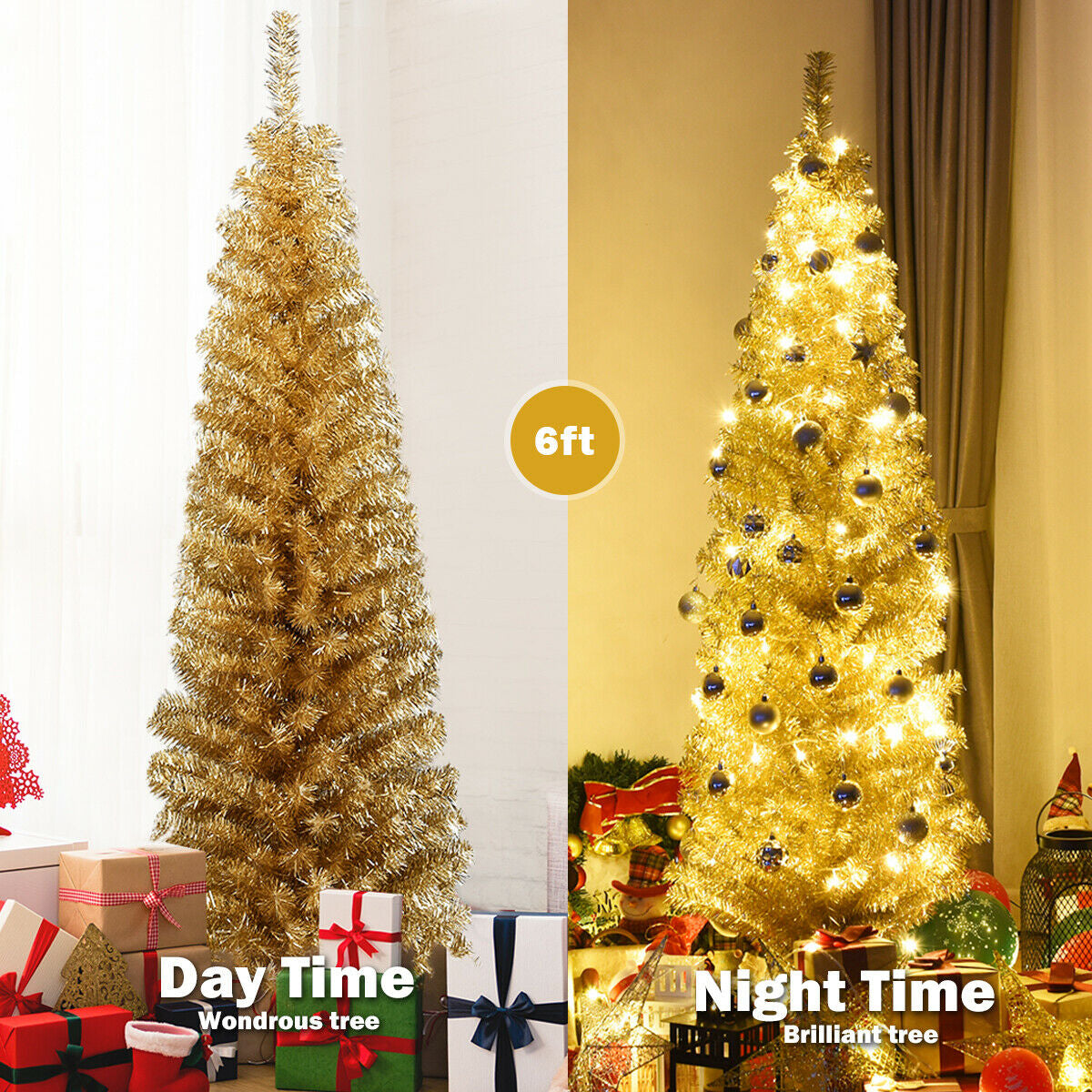 6 Feet Tinsel Tree Unlit Slim Pencil Christmas Tree-Champagne, Gold Christmas Tree at Gallery Canada