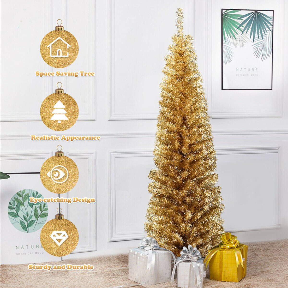 6 Feet Tinsel Tree Unlit Slim Pencil Christmas Tree-Champagne, Gold Christmas Tree at Gallery Canada