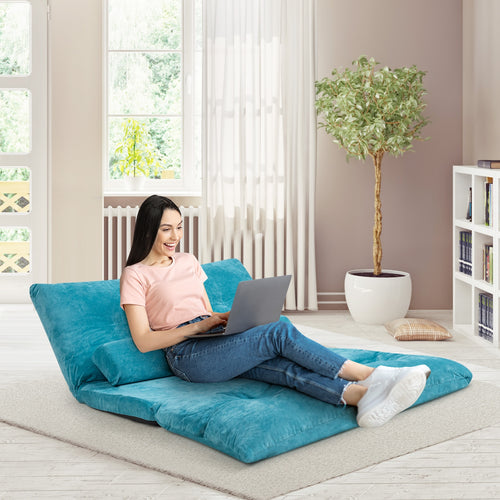 6-Position Adjustable Sleeper Lounge Couch with 2 Pillows, Blue