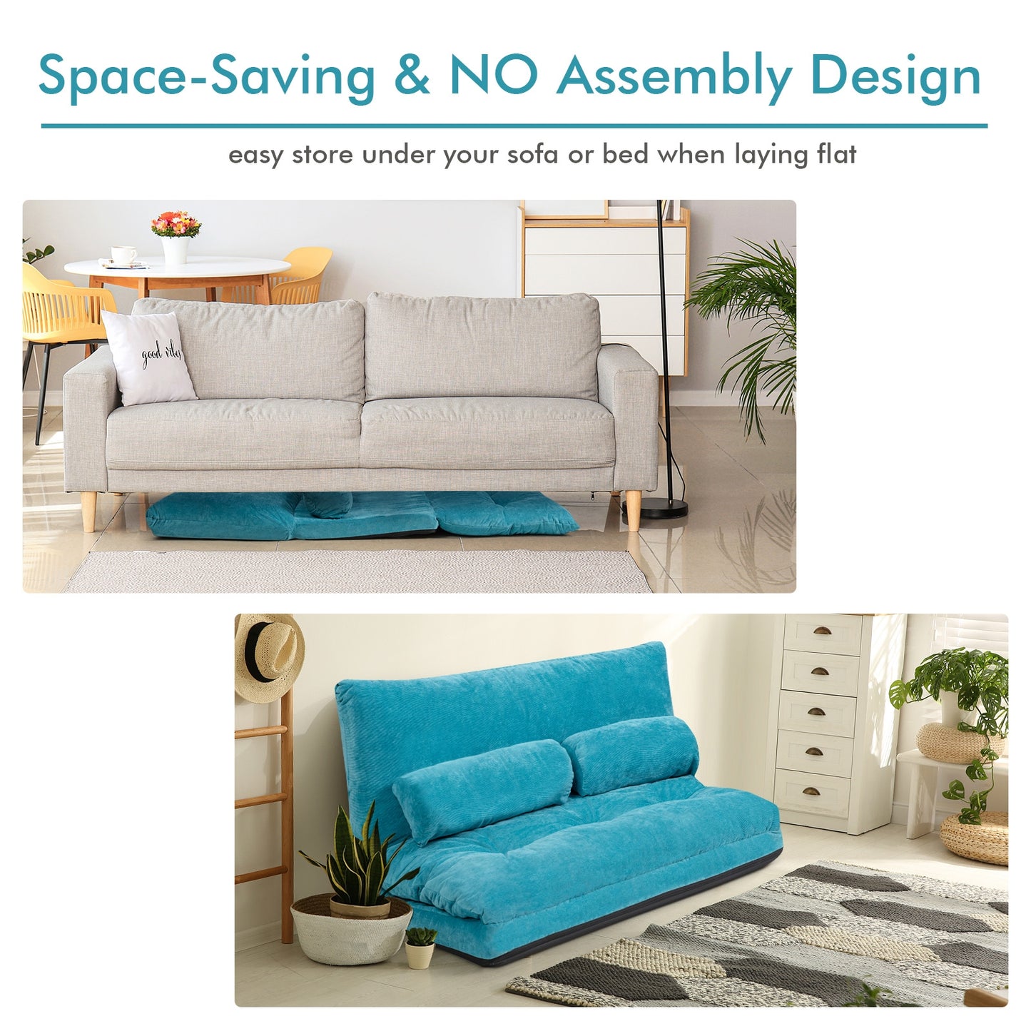 6-Position Adjustable Sleeper Lounge Couch with 2 Pillows, Blue Floor Chairs at Gallery Canada