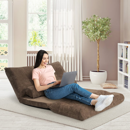 6-Position Adjustable Sleeper Lounge Couch, 2 Pillows, Brown