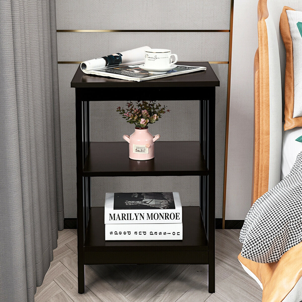 3-tier Side Table Nightstand with Stable Structure, Dark Brown Nightstands at Gallery Canada