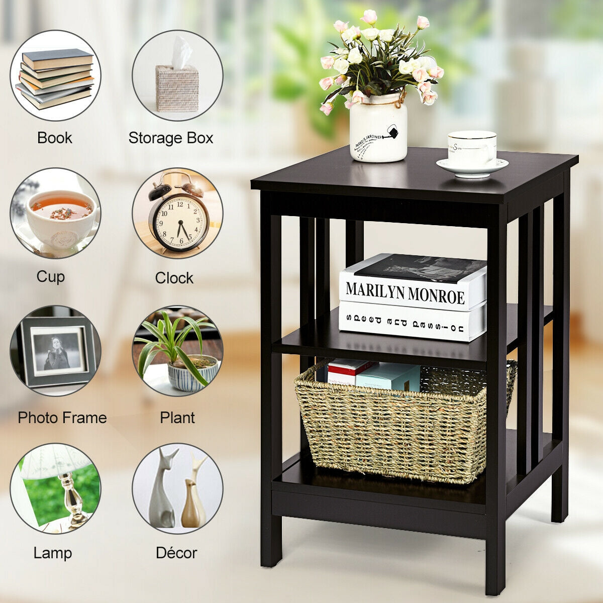 3-tier Side Table Nightstand with Stable Structure, Dark Brown Nightstands at Gallery Canada
