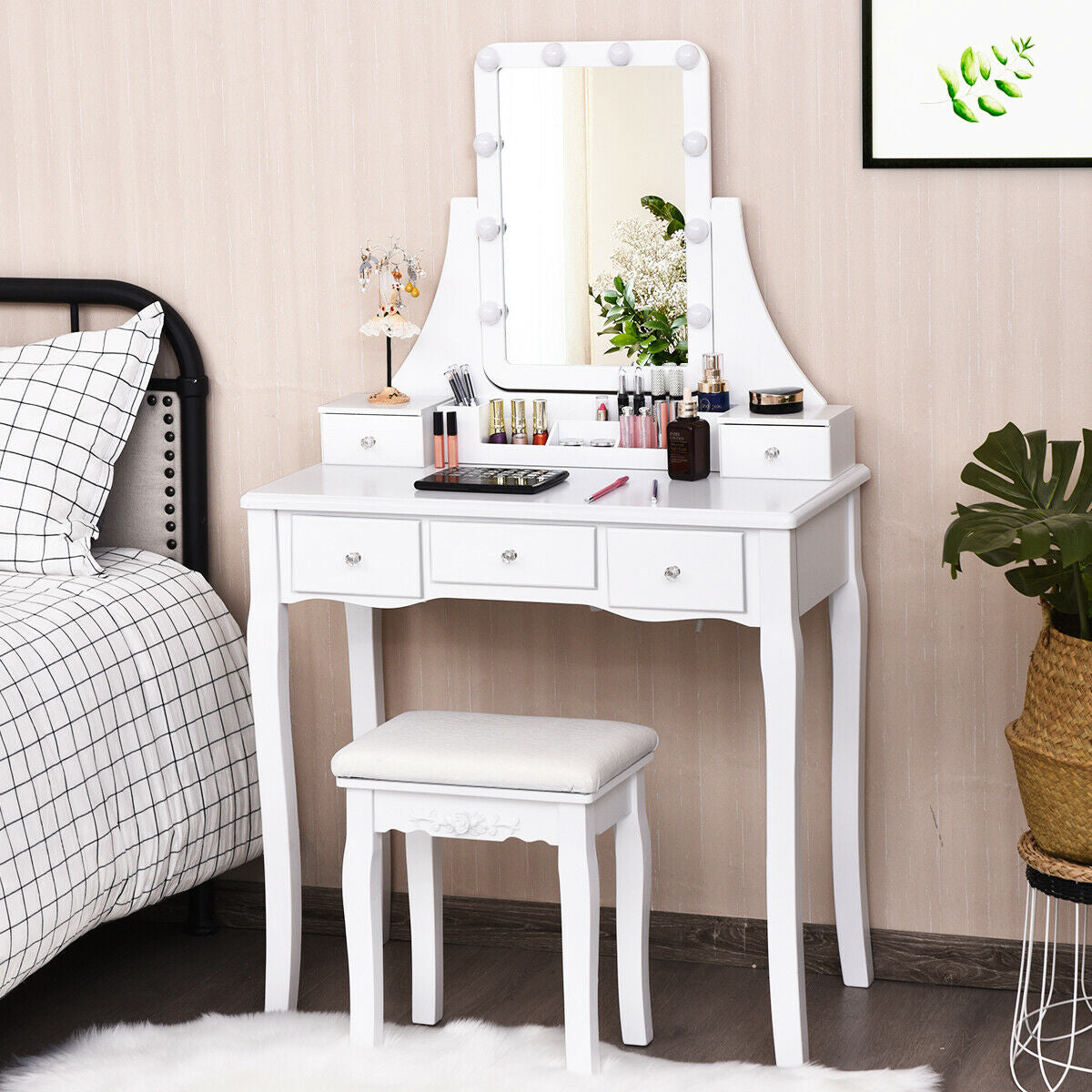 Dimmable Light Bulbs Vanity Dressing Table, 2 Dividers, Cushioned Stool, White Makeup Vanities at Gallery Canada