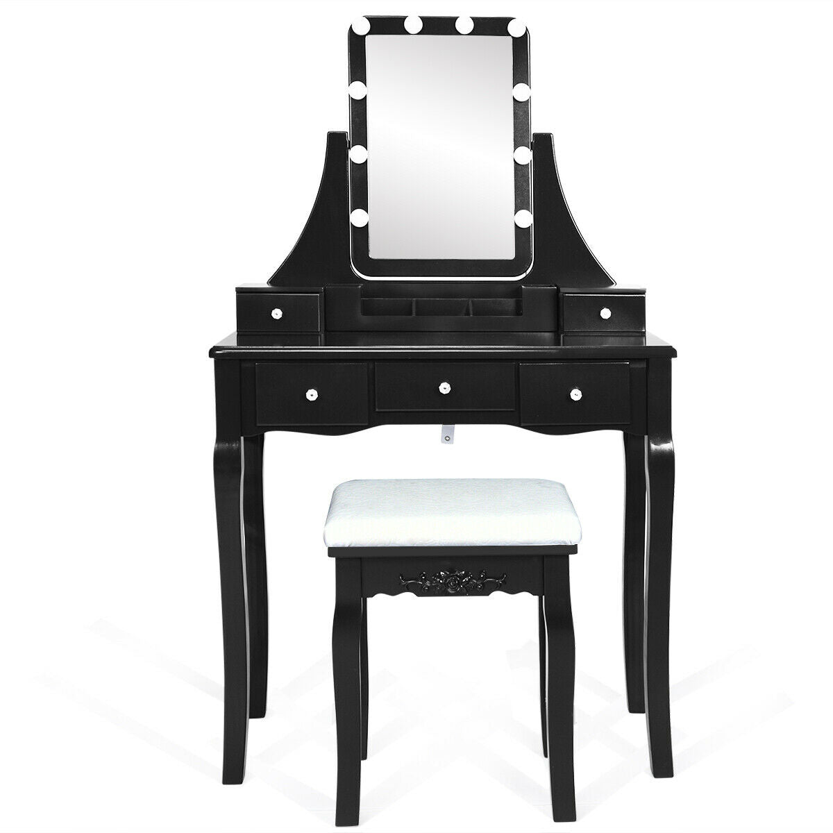 Dimmable Light Vanity Table With Dividers, Cushioned Stool, Black Makeup Vanities at Gallery Canada