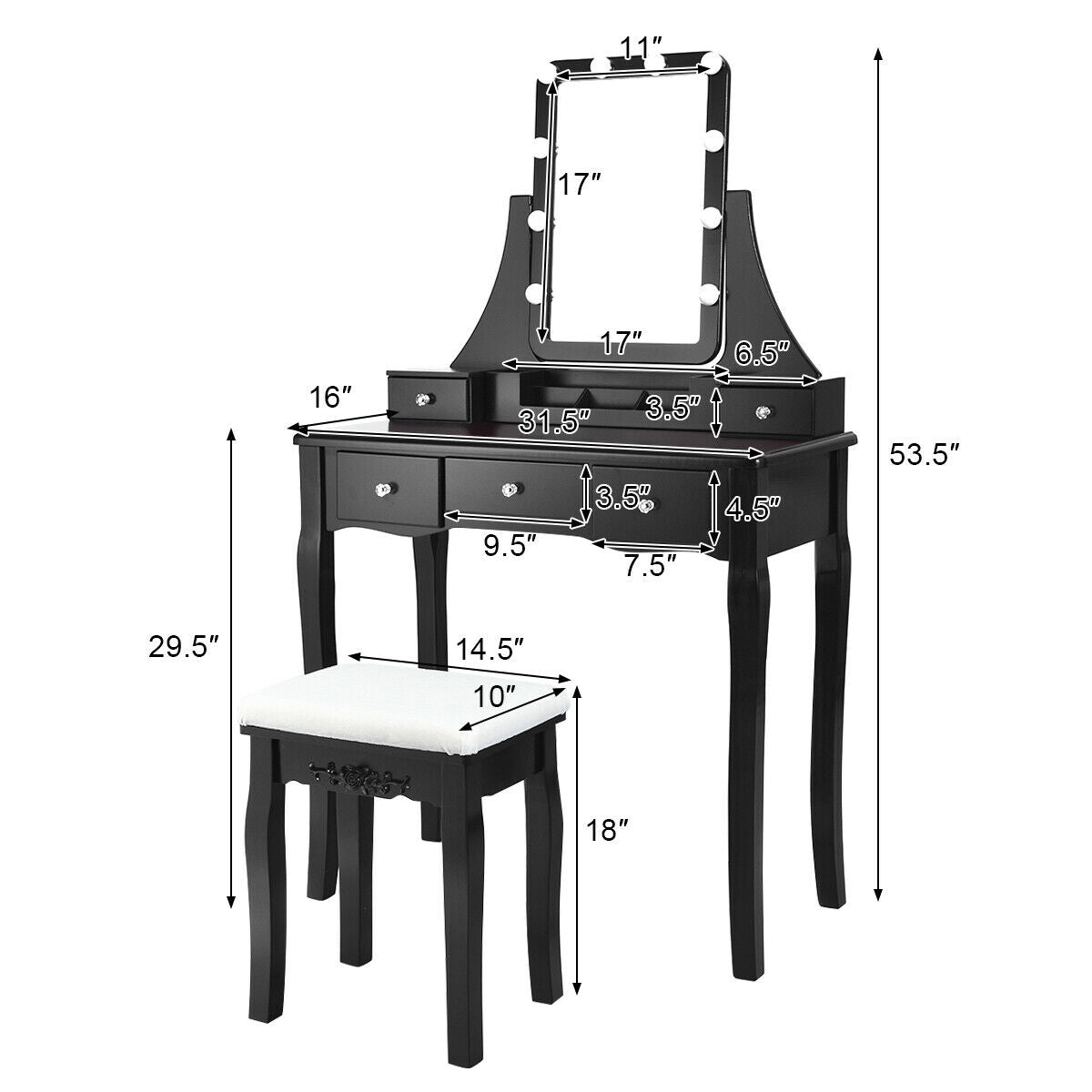 Dimmable Light Vanity Table With Dividers, Cushioned Stool, Black Makeup Vanities at Gallery Canada