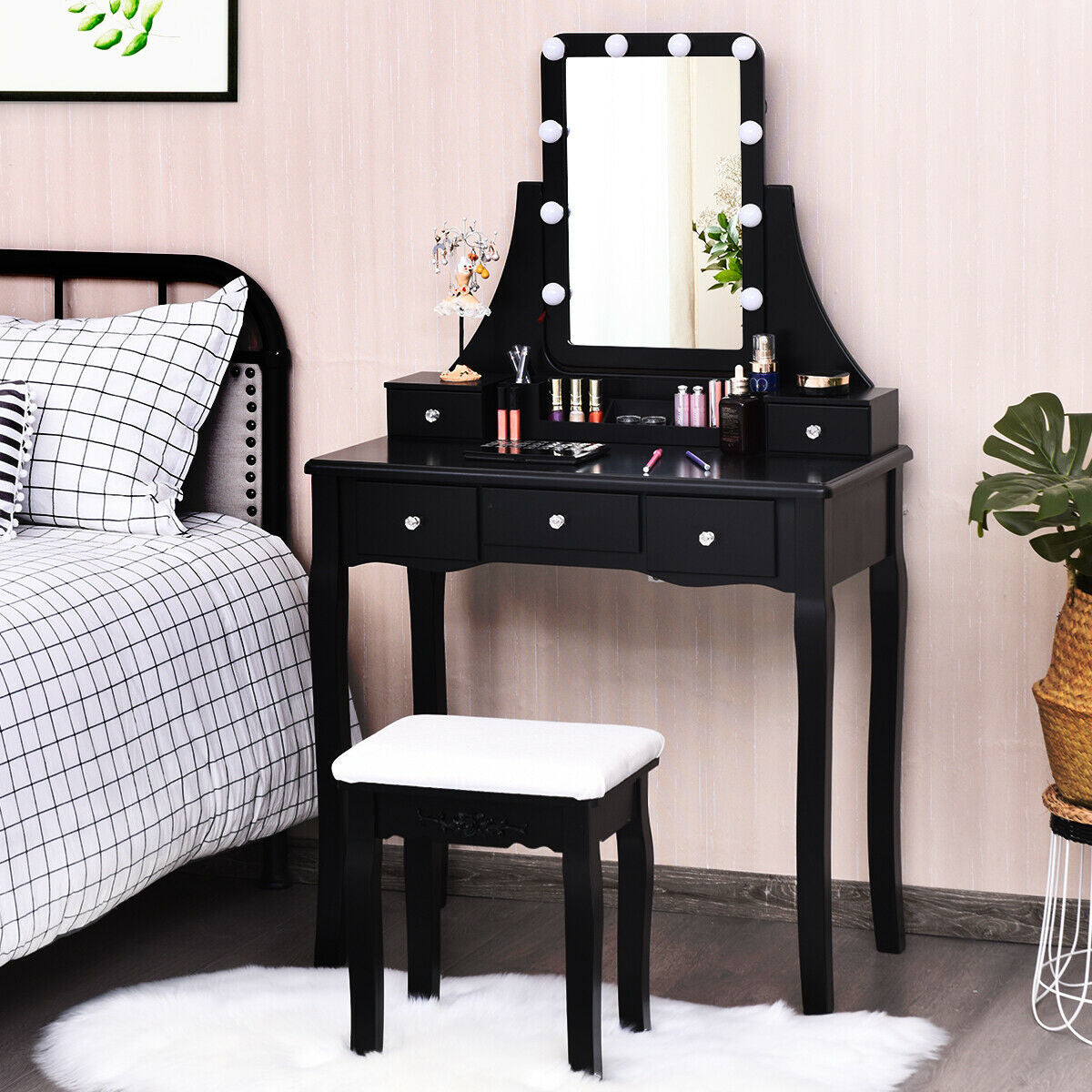 Dimmable Light Vanity Table With Dividers, Cushioned Stool, Black Makeup Vanities at Gallery Canada