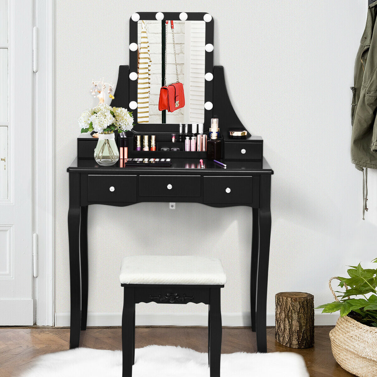 Dimmable Light Vanity Table With Dividers, Cushioned Stool, Black Makeup Vanities at Gallery Canada