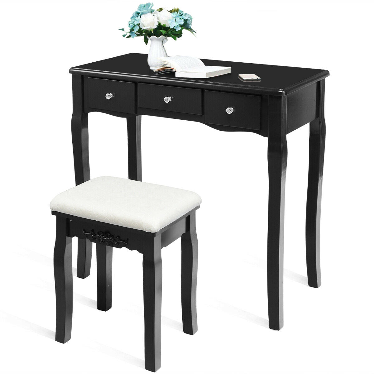 Dimmable Light Vanity Table With Dividers, Cushioned Stool, Black Makeup Vanities at Gallery Canada