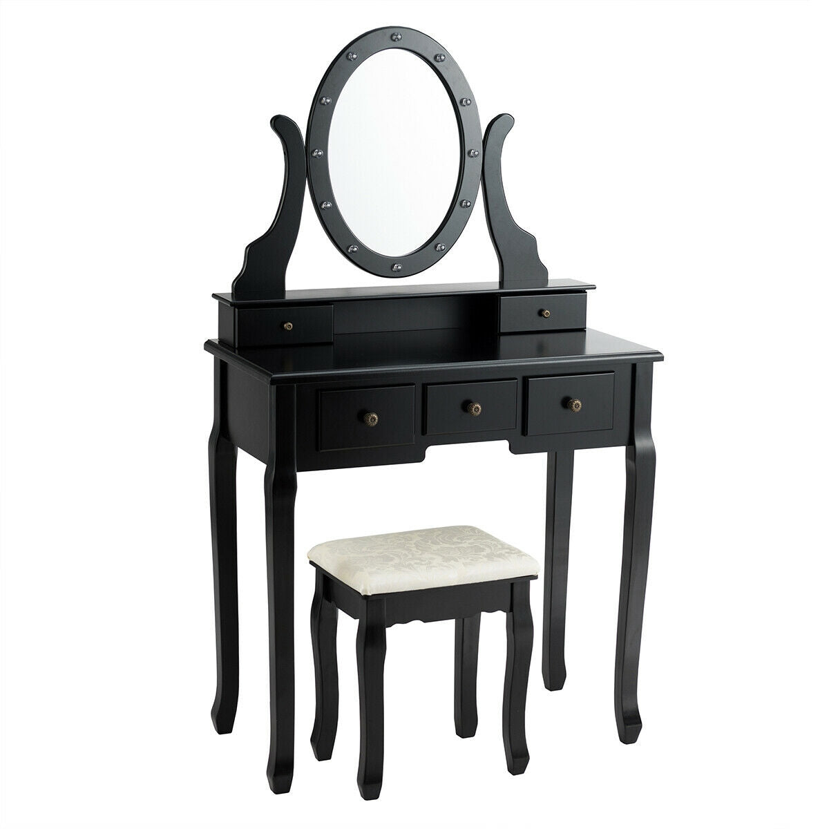 5 Drawer Vanity Table Stool Set, 12 LED Bulbs, Black Makeup Vanities at Gallery Canada