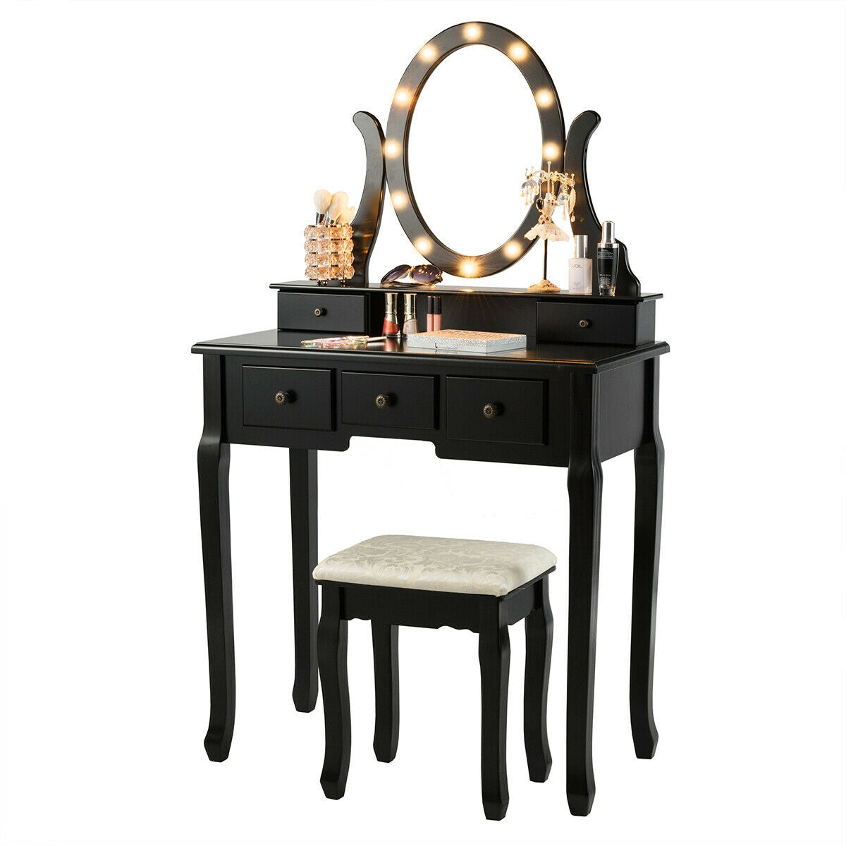 5 Drawer Vanity Table Stool Set, 12 LED Bulbs, Black Makeup Vanities at Gallery Canada
