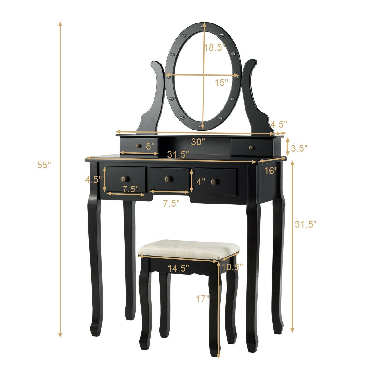 5 Drawer Vanity Table Stool Set, 12 LED Bulbs, Black Makeup Vanities at Gallery Canada