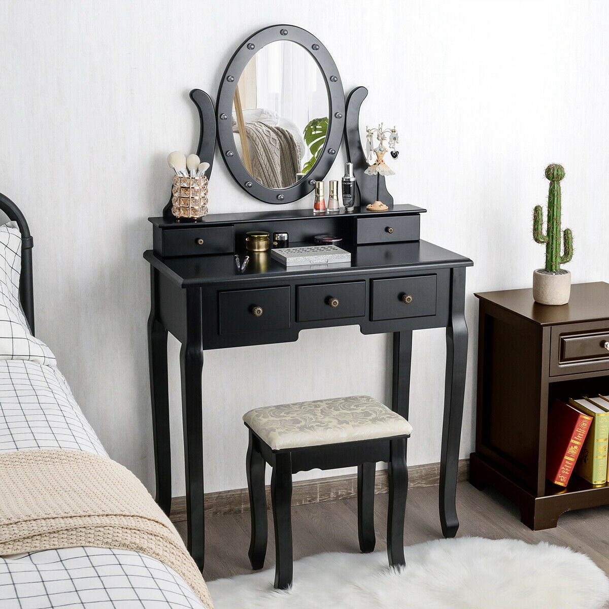 5 Drawer Vanity Table Stool Set, 12 LED Bulbs, Black Makeup Vanities at Gallery Canada
