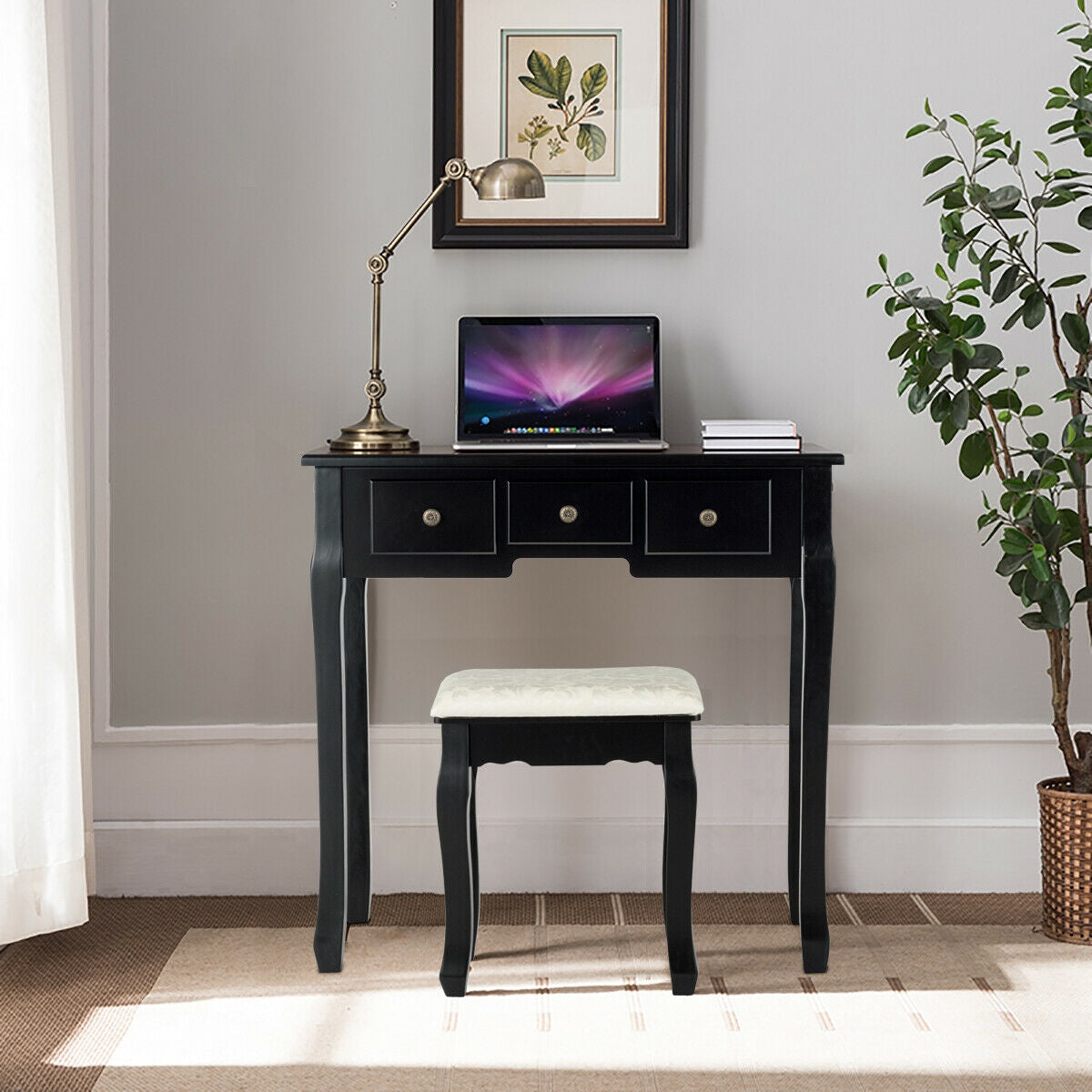 5 Drawer Vanity Table Stool Set, 12 LED Bulbs, Black Makeup Vanities at Gallery Canada