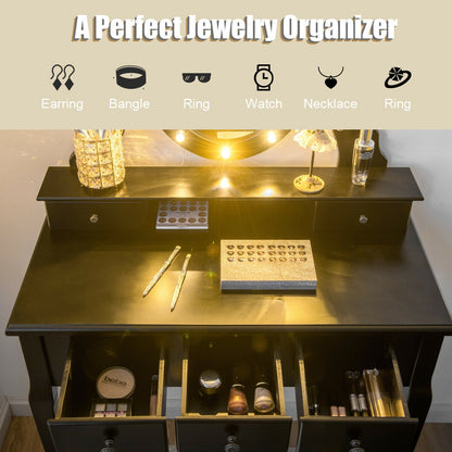 5 Drawer Vanity Table Stool Set, 12 LED Bulbs, Black Makeup Vanities at Gallery Canada