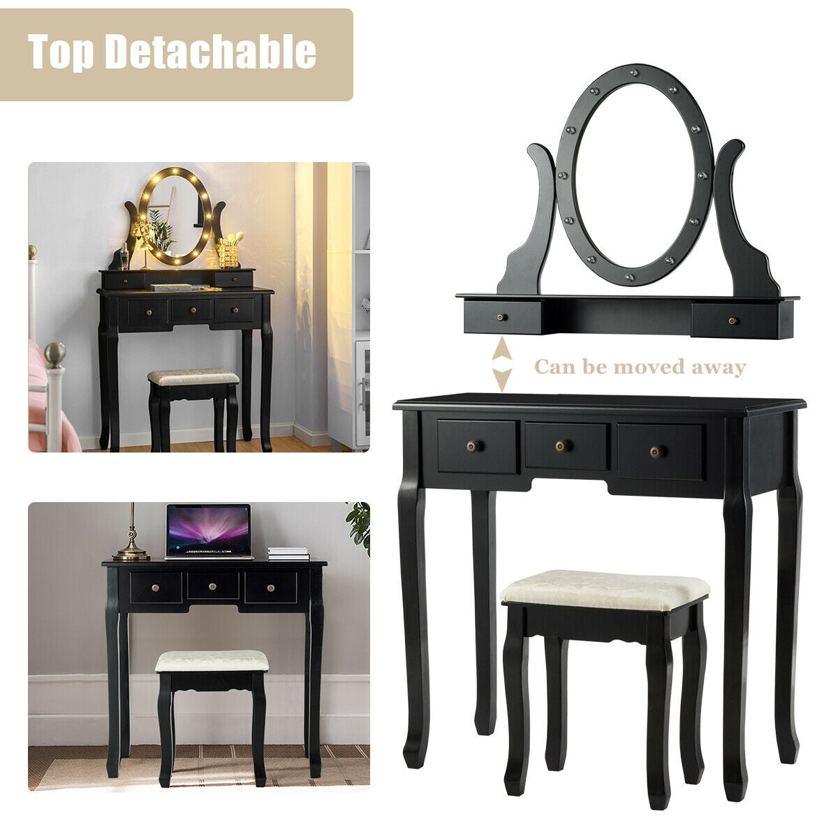 5 Drawer Vanity Table Stool Set, 12 LED Bulbs, Black Makeup Vanities at Gallery Canada