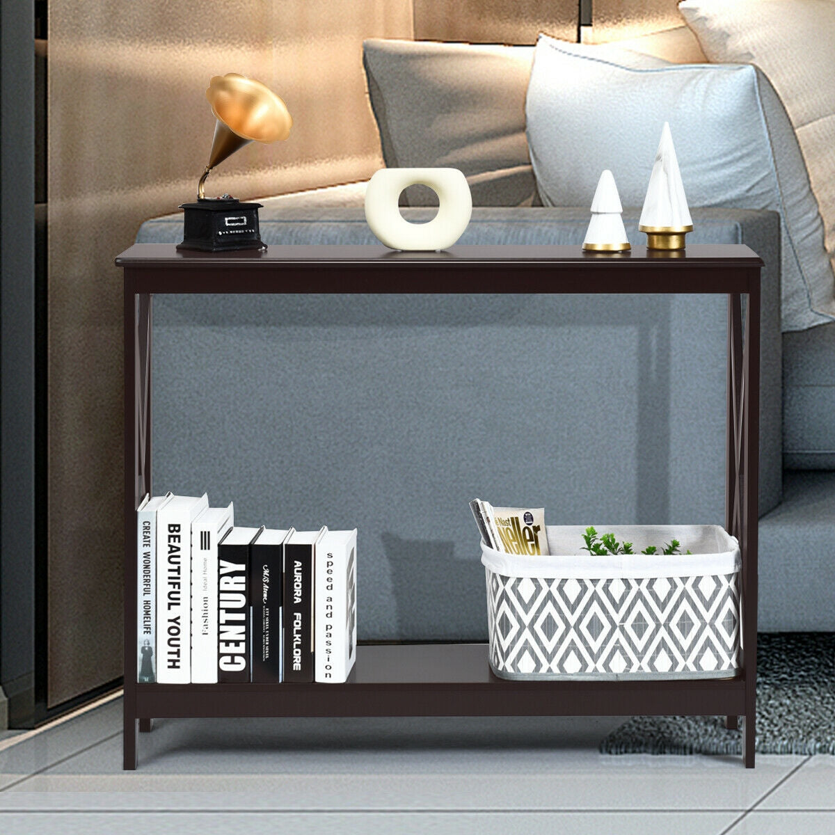 2-Tier Console Sofa Side Table, Dark Brown Console Tables at Gallery Canada