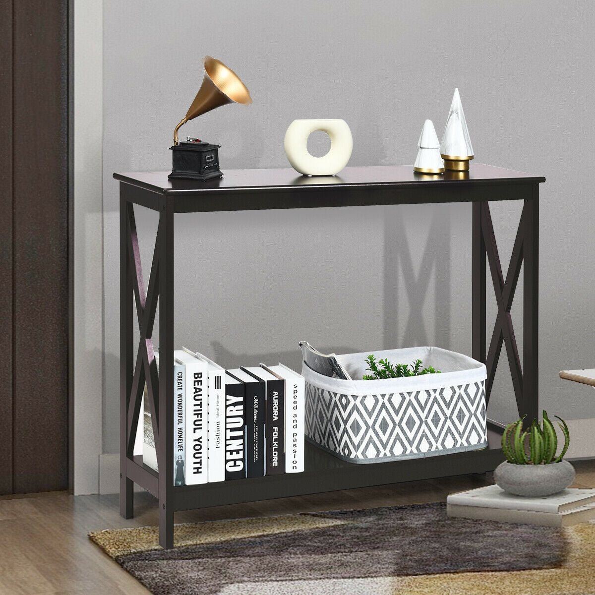 2-Tier Console Sofa Side Table, Dark Brown Console Tables at Gallery Canada