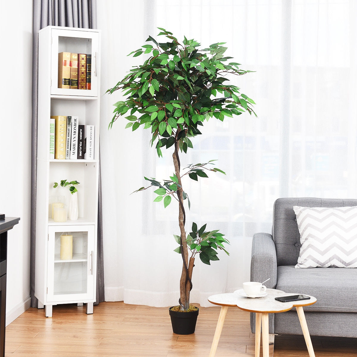 5.5 Feet Artificial Ficus Silk Tree, Wood Trunks, Green Faux Plants at Gallery Canada