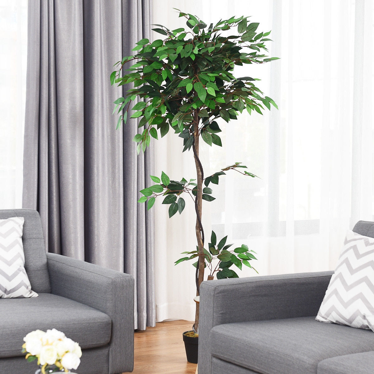 5.5 Feet Artificial Ficus Silk Tree, Wood Trunks, Green Faux Plants at Gallery Canada