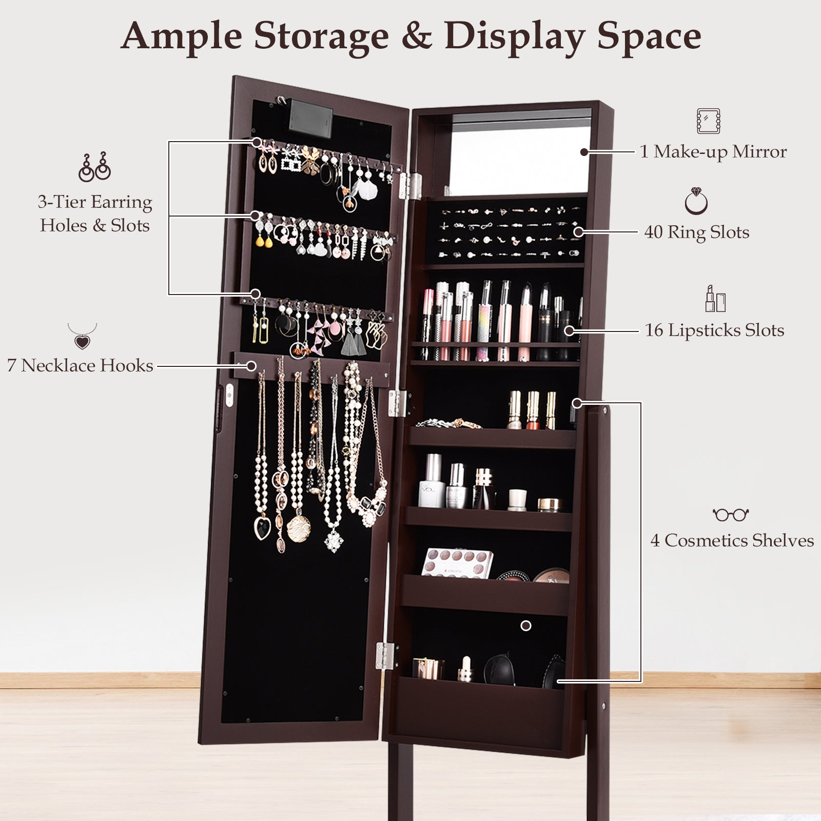 Mirrored Jewelry Cabinet Armoire Organizer, Brown Jewelry Armoires at Gallery Canada