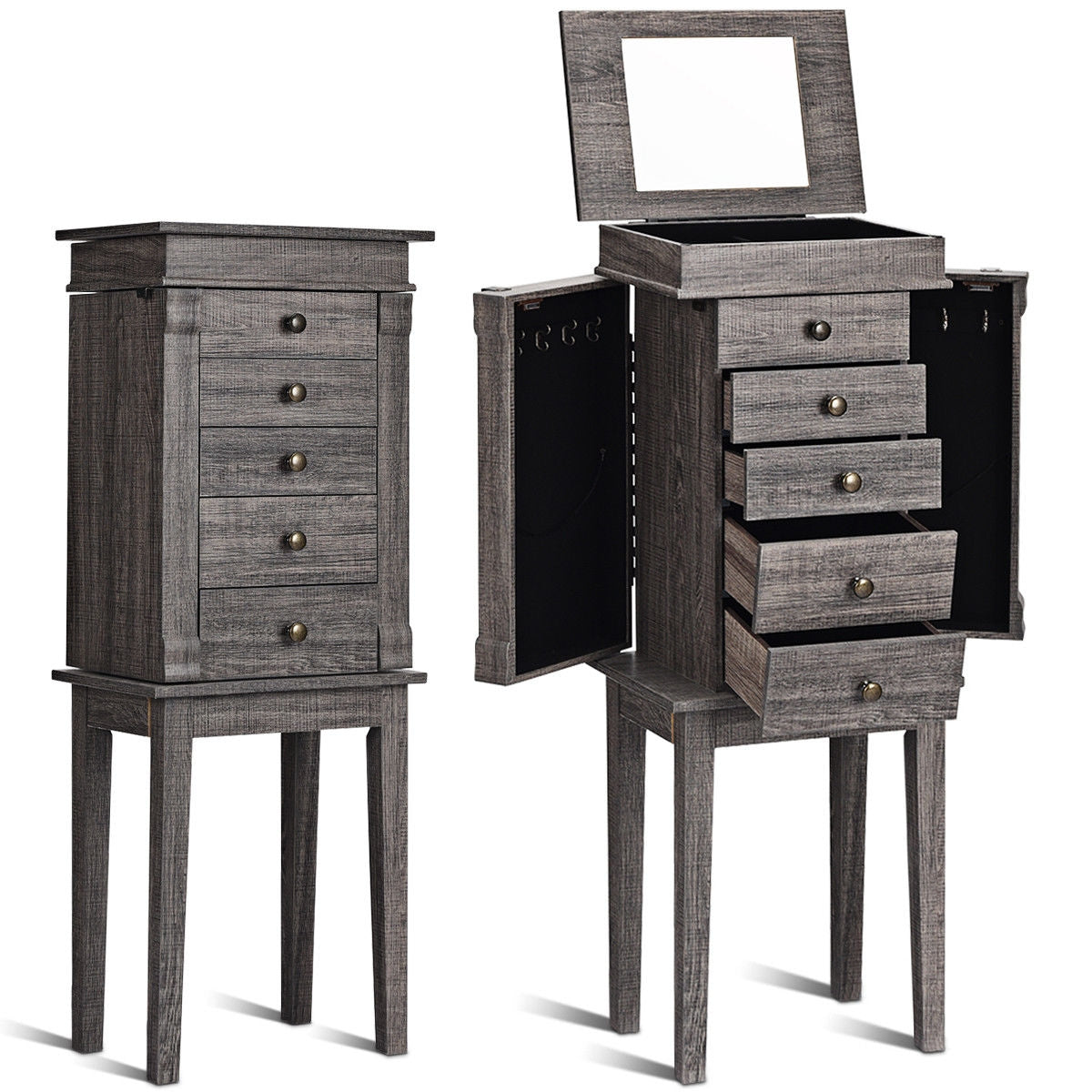 Standing Jewelry Cabinet Organizer, Wooden Legs, Gray Jewelry Armoires at Gallery Canada