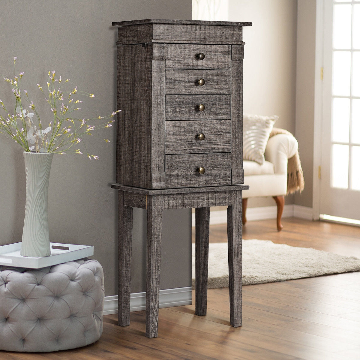 Standing Jewelry Cabinet Organizer, Wooden Legs, Gray Jewelry Armoires at Gallery Canada