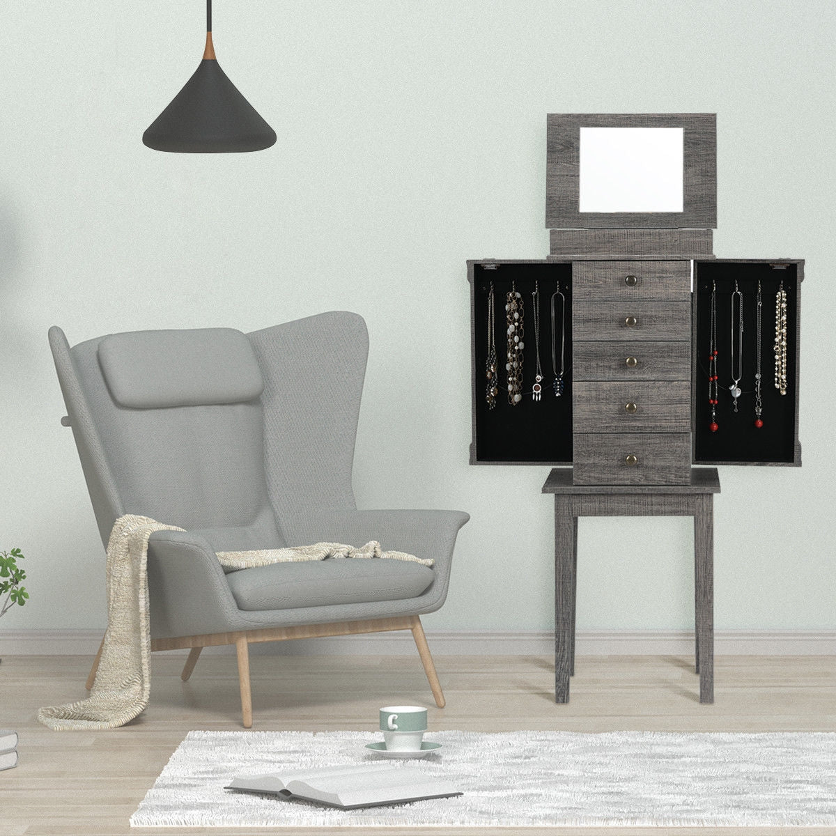 Standing Jewelry Cabinet Organizer, Wooden Legs, Gray Jewelry Armoires at Gallery Canada