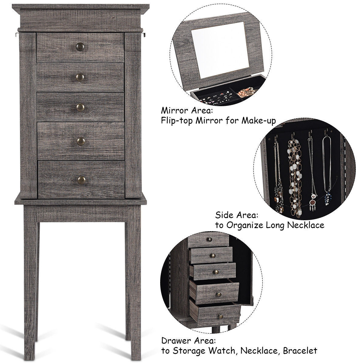 Standing Jewelry Cabinet Organizer, Wooden Legs, Gray Jewelry Armoires at Gallery Canada
