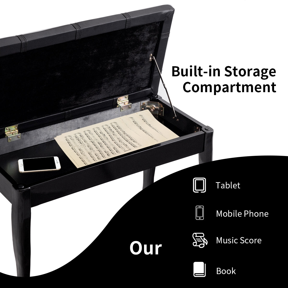 Solid Wood Piano Bench With Storage, Black Pianos & Keyboards at Gallery Canada