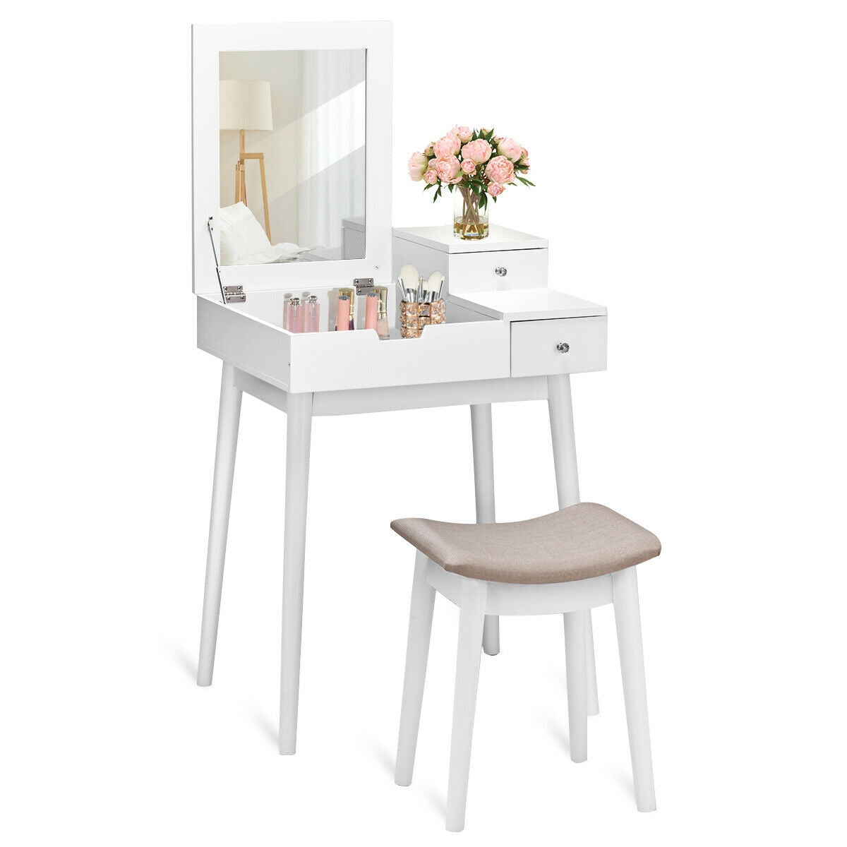 Vanity Dressing Table Set Flip Mirror Desk Furniture Stool, White Makeup Vanities at Gallery Canada