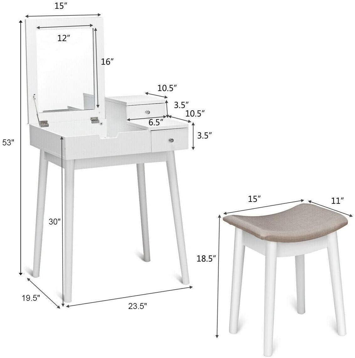 Vanity Dressing Table Set Flip Mirror Desk Furniture Stool, White Makeup Vanities at Gallery Canada