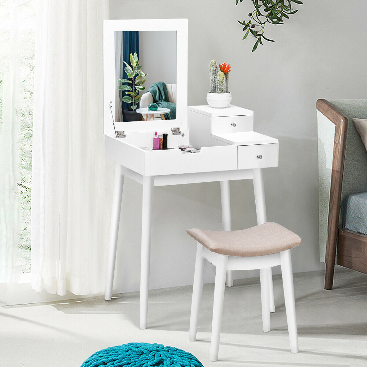 Vanity Dressing Table Set Flip Mirror Desk Furniture Stool, White Makeup Vanities at Gallery Canada