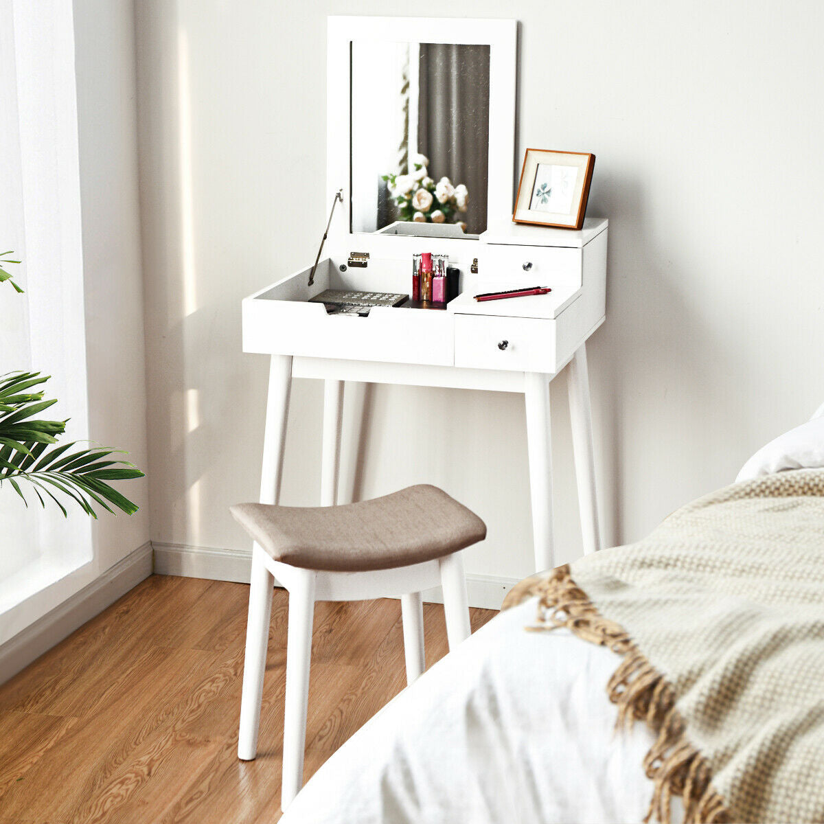Vanity Dressing Table Set Flip Mirror Desk Furniture Stool, White Makeup Vanities at Gallery Canada