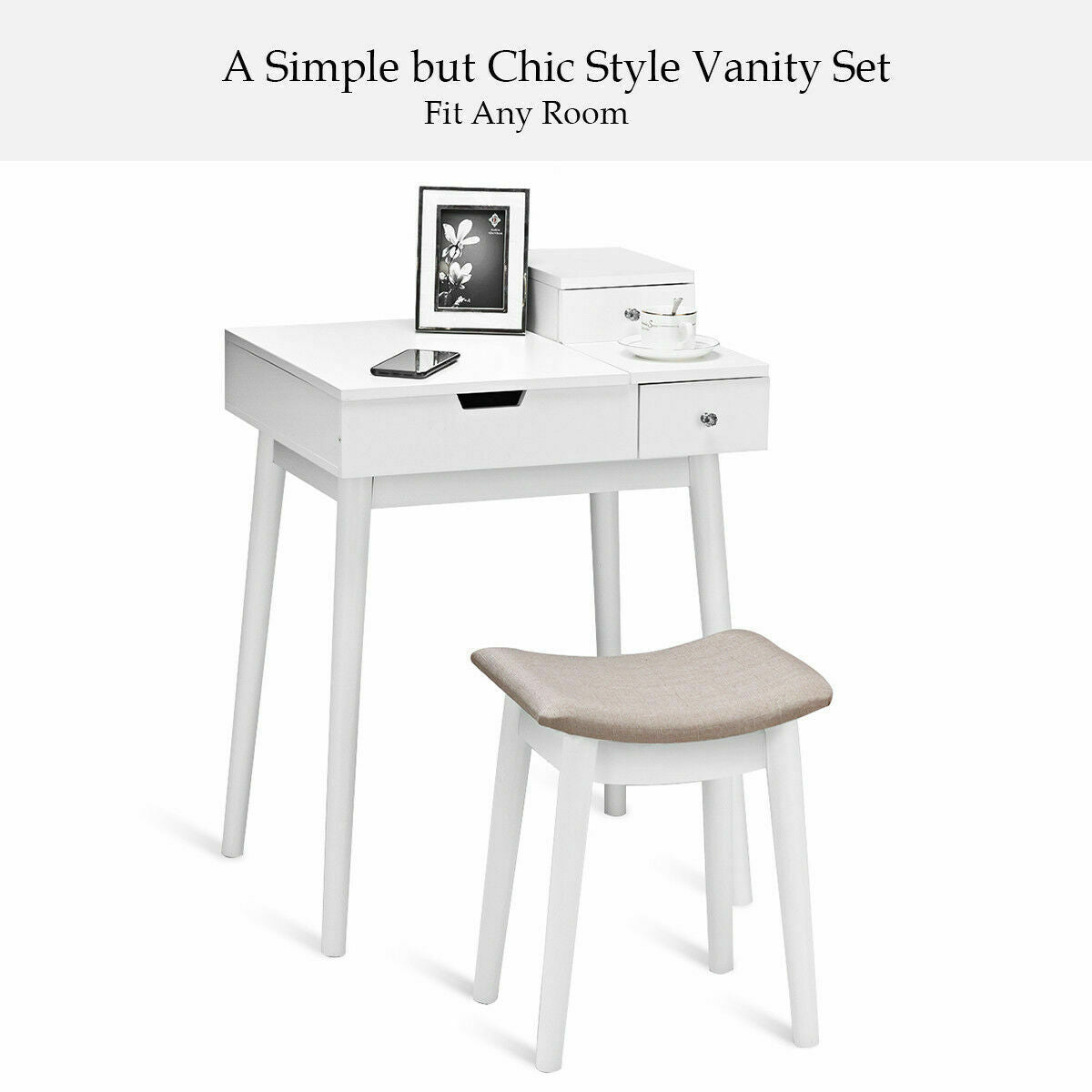Vanity Dressing Table Set Flip Mirror Desk Furniture Stool, White Makeup Vanities at Gallery Canada