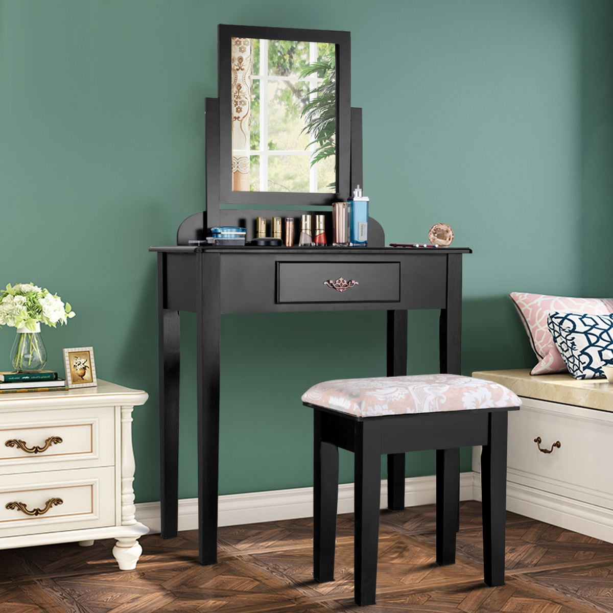 Vanity Dressing Table Stool Set, Large Makeup Mirror, Black Makeup Vanities at Gallery Canada