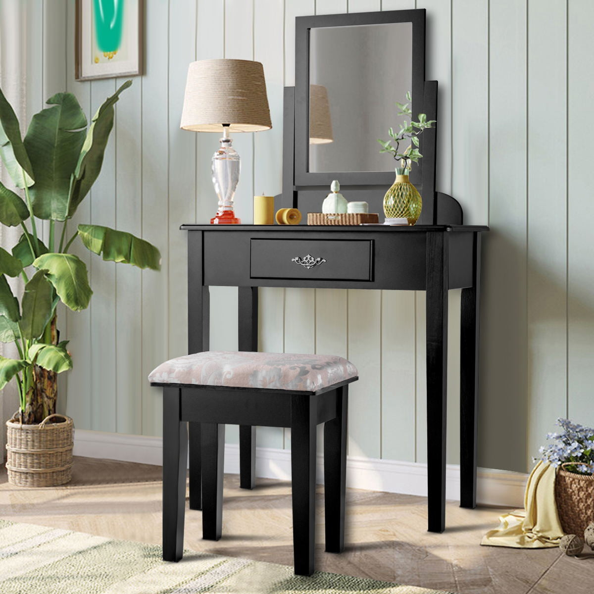 Vanity Dressing Table Stool Set, Large Makeup Mirror, Black Makeup Vanities at Gallery Canada
