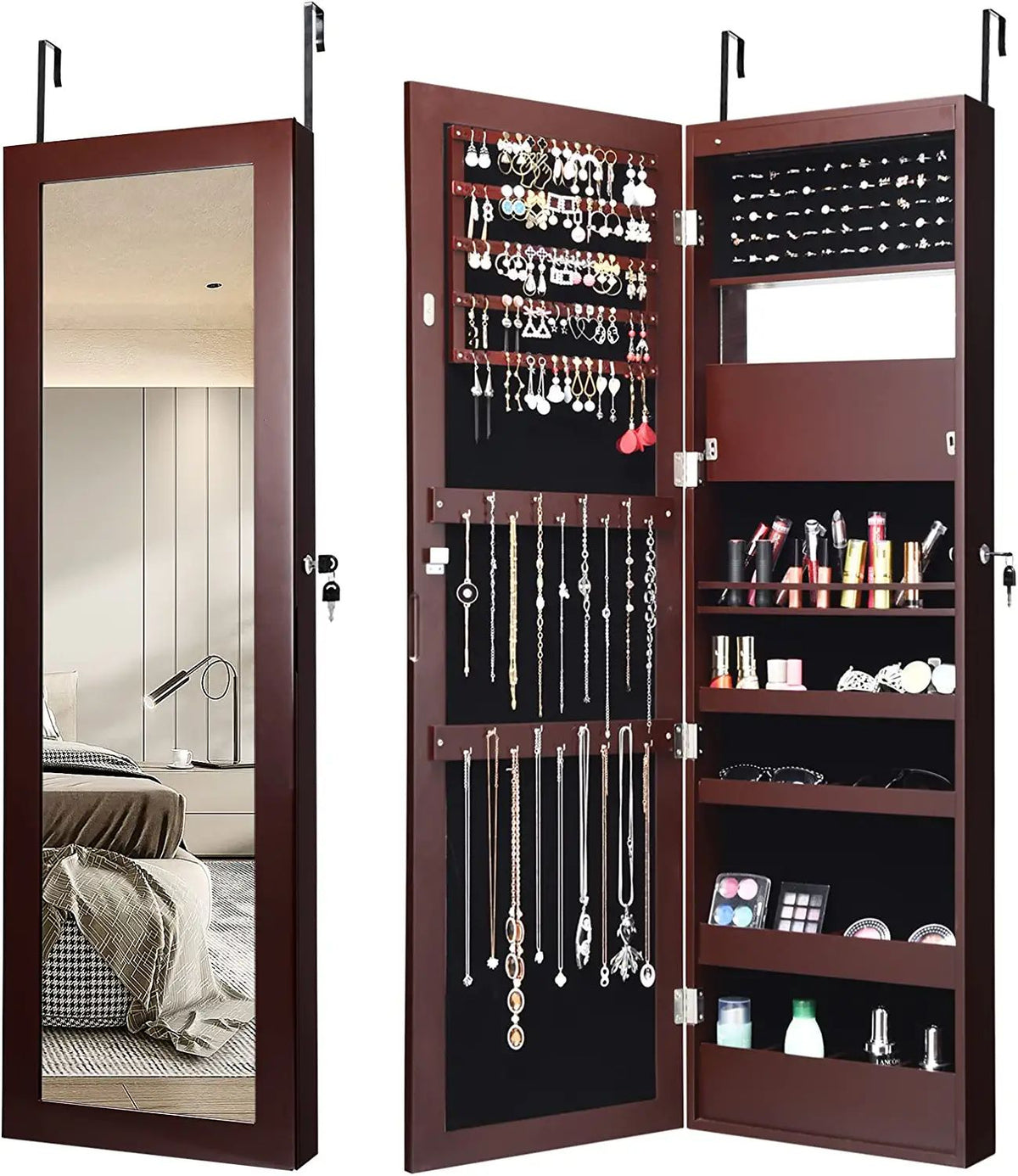 Wall Mounted Mirror Jewelry Cabinet, LED Lights, Brown Jewelry Armoires Brown at Gallery Canada