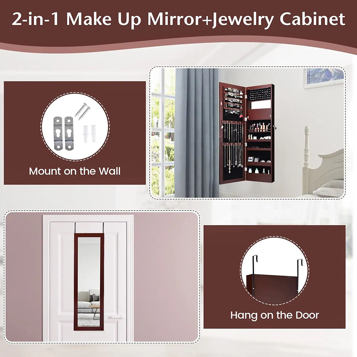 Wall Mounted Mirror Jewelry Cabinet, LED Lights, Brown Jewelry Armoires at Gallery Canada