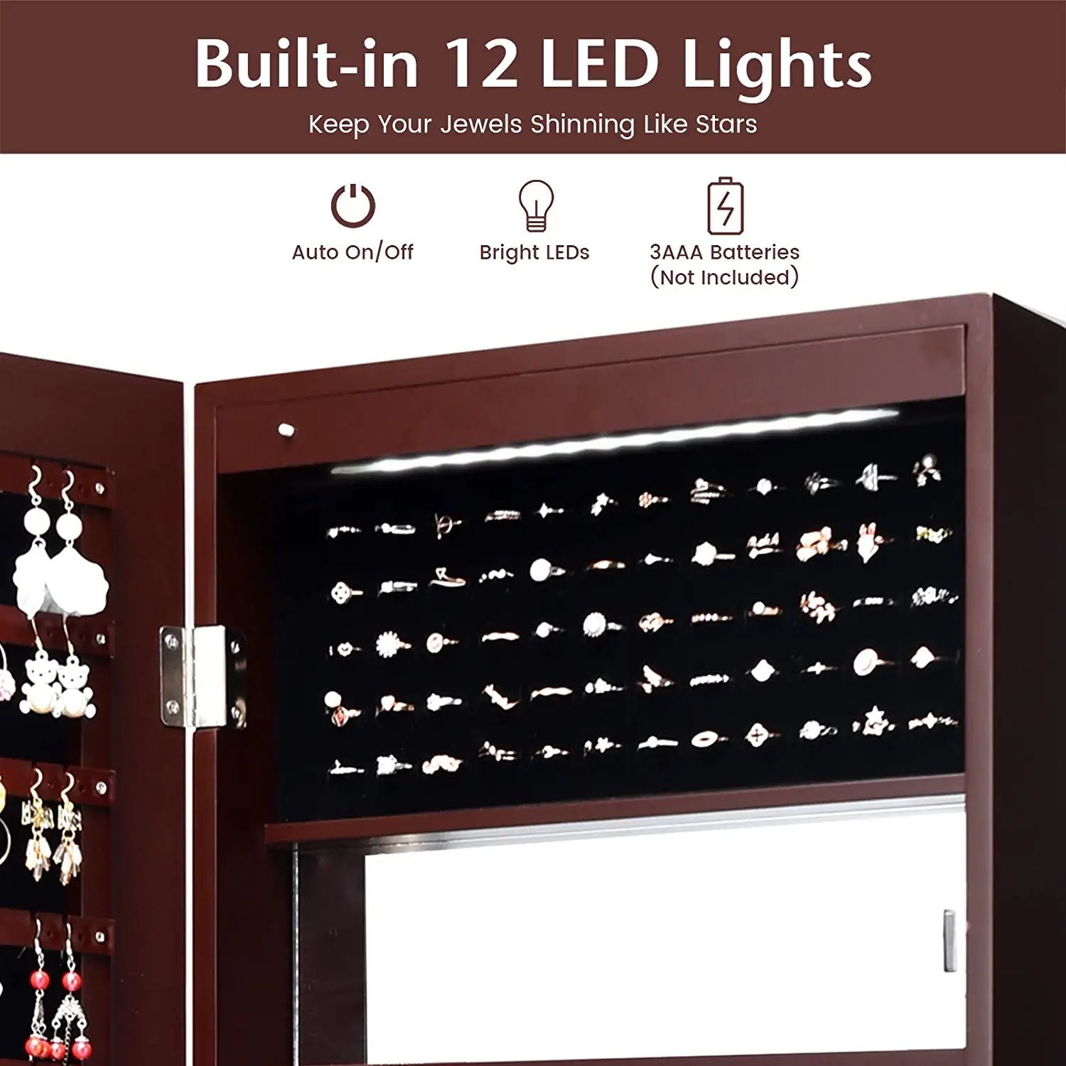 Wall Mounted Mirror Jewelry Cabinet, LED Lights, Brown Jewelry Armoires at Gallery Canada