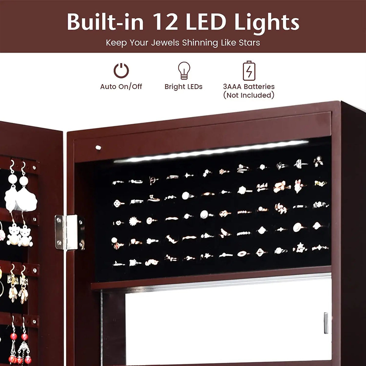 Wall Mounted Mirror Jewelry Cabinet, LED Lights, Brown Jewelry Armoires at Gallery Canada