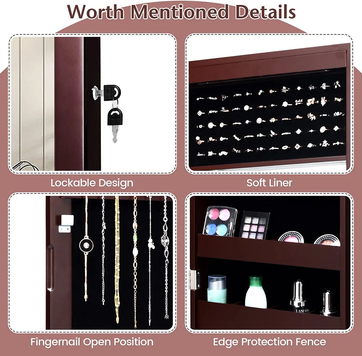 Wall Mounted Mirror Jewelry Cabinet, LED Lights, Brown Jewelry Armoires at Gallery Canada