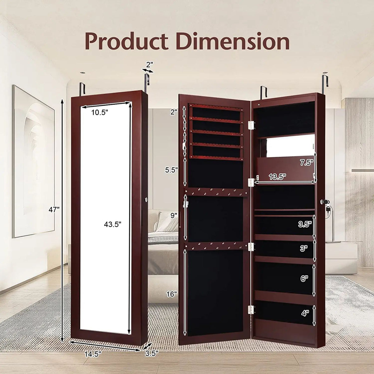 Wall Mounted Mirror Jewelry Cabinet, LED Lights, Brown Jewelry Armoires at Gallery Canada